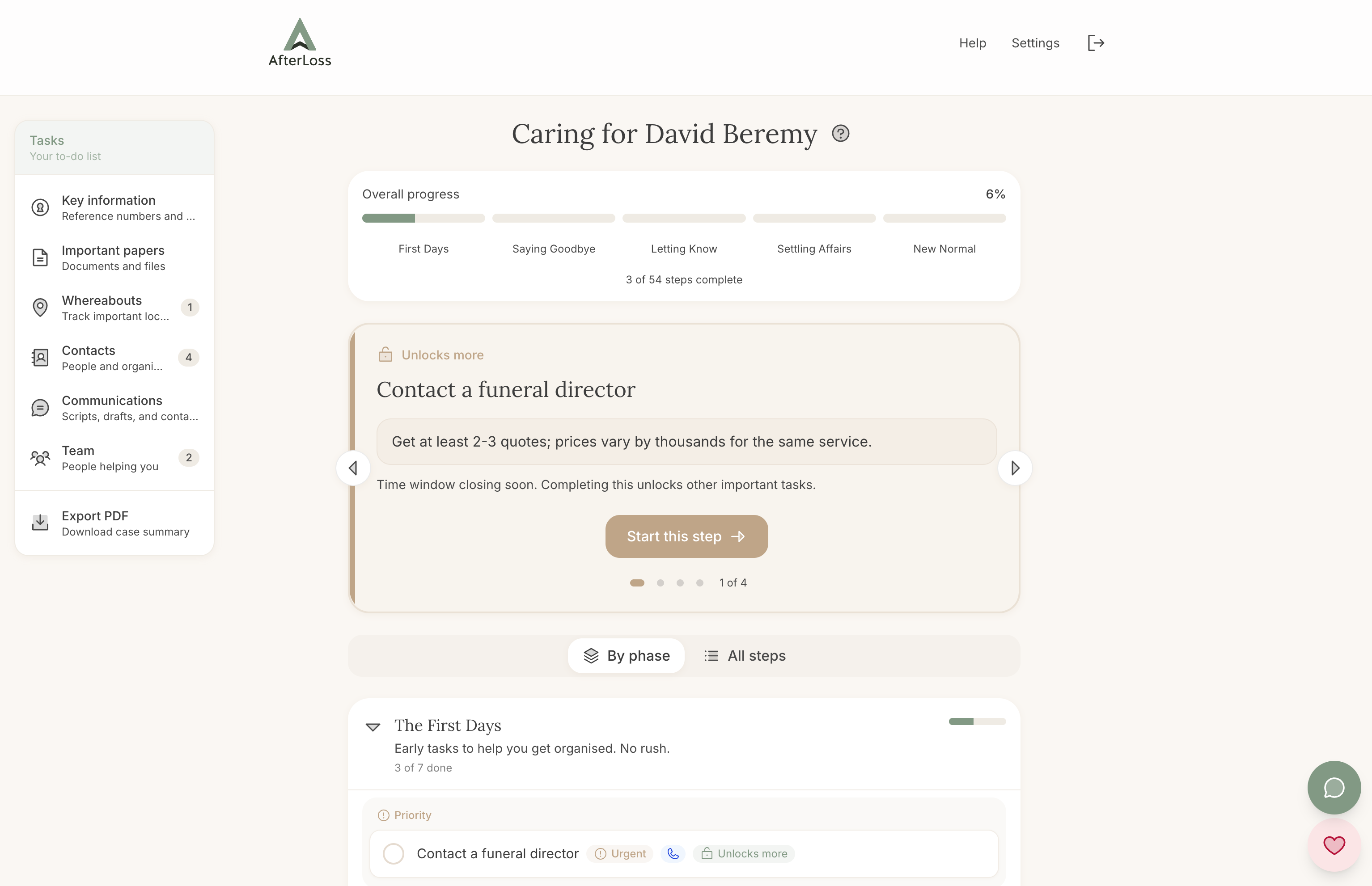 AfterLoss desktop dashboard showing personalised task lists and progress tracking