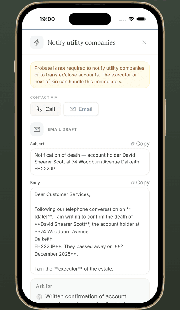 AfterLoss email draft for notifying utility companies about a death