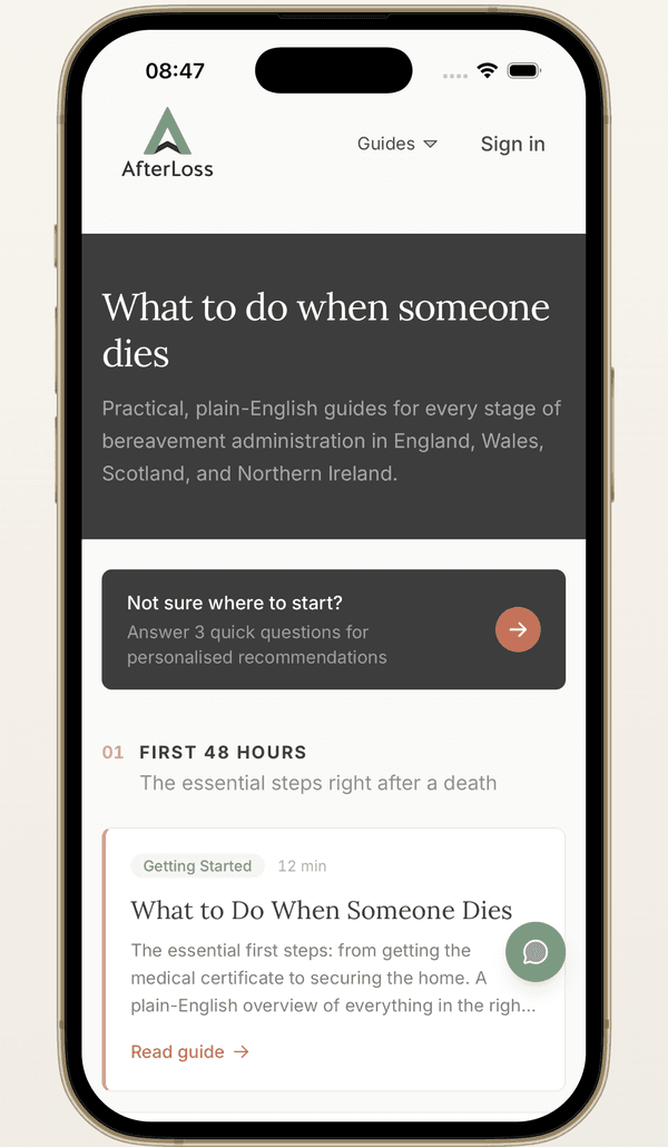 AfterLoss free guides covering UK bereavement topics