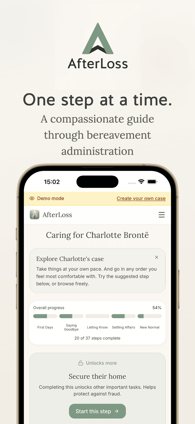 AfterLoss app showing a personalised bereavement dashboard on iPhone