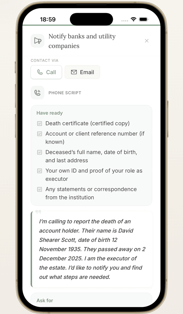 AfterLoss phone script with checklist of documents to have ready and what to say