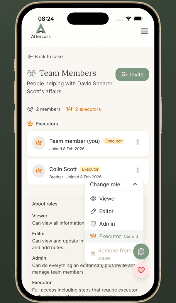 AfterLoss team collaboration showing family members with different roles